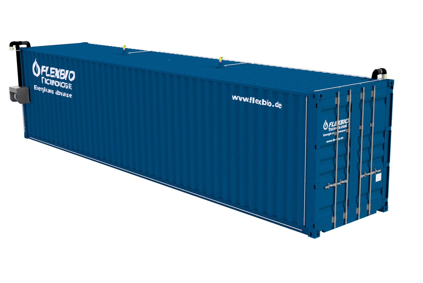 FlexBio biogas storage unit in a 40 ft HC container — compact containerised solution with flexible gas storage membrane, level measurement, and support air blower.