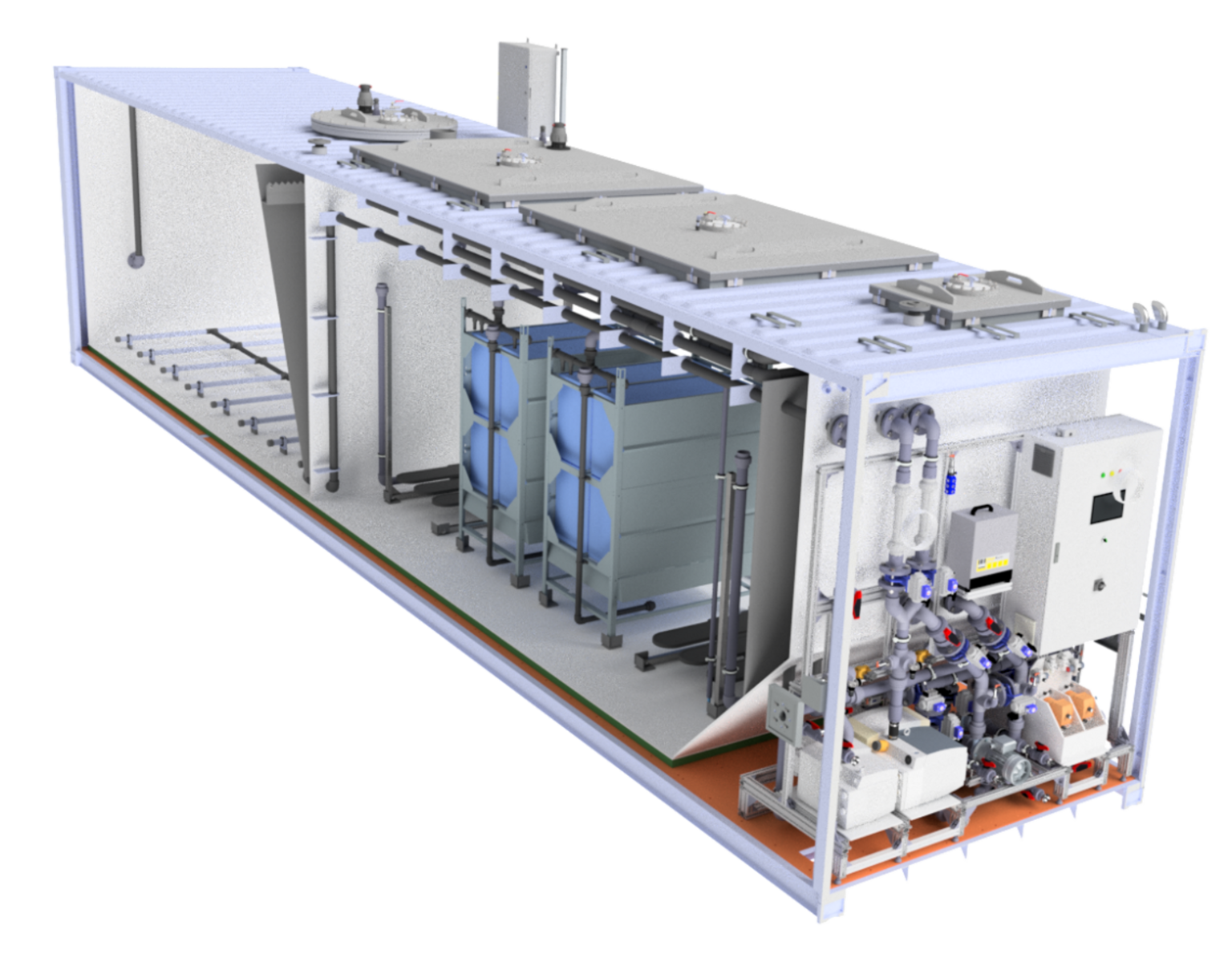 Modell einer modularen FlexBio SBR-/MBR-Anlage in Containerbauweise zur industriellen und kommunalen Abwasserbehandlung.