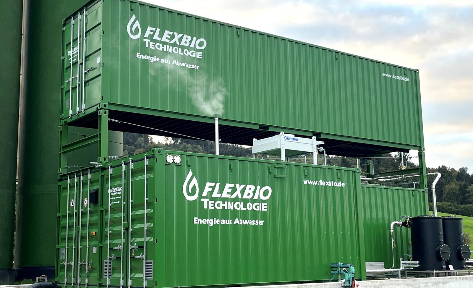 Compact FlexBio farm biogas plant in container design with anaerobic digestion, gas storage, gas treatment, and energy recovery — modular plug-and-play solution, 20 kWel.