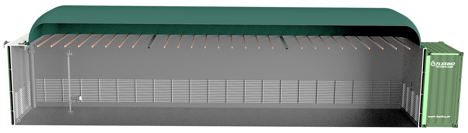 The model shows a compact FlexBio biogas plant in modular container design