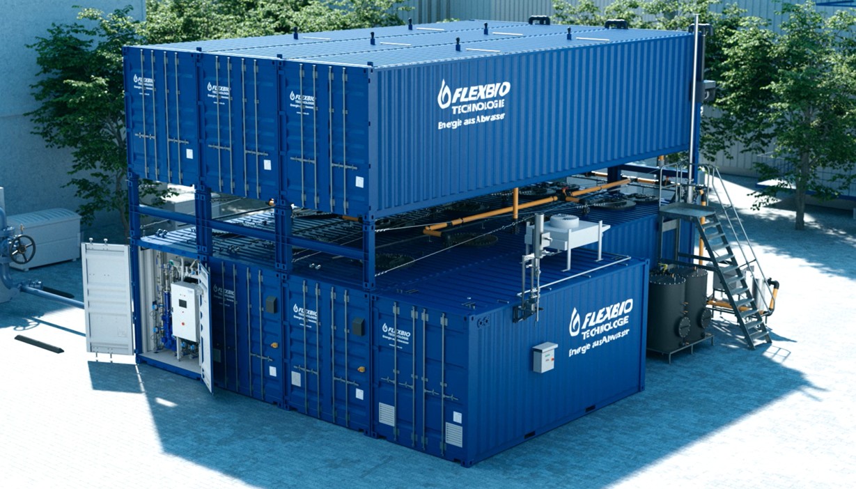 Modular FlexBio complete plant in container design for anaerobic industrial wastewater treatment — including gas storage, gas treatment, and biogas utilisation.